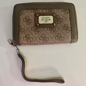 Guess Logo Zip Around Wallet Wristlet Beige Tan Monogram